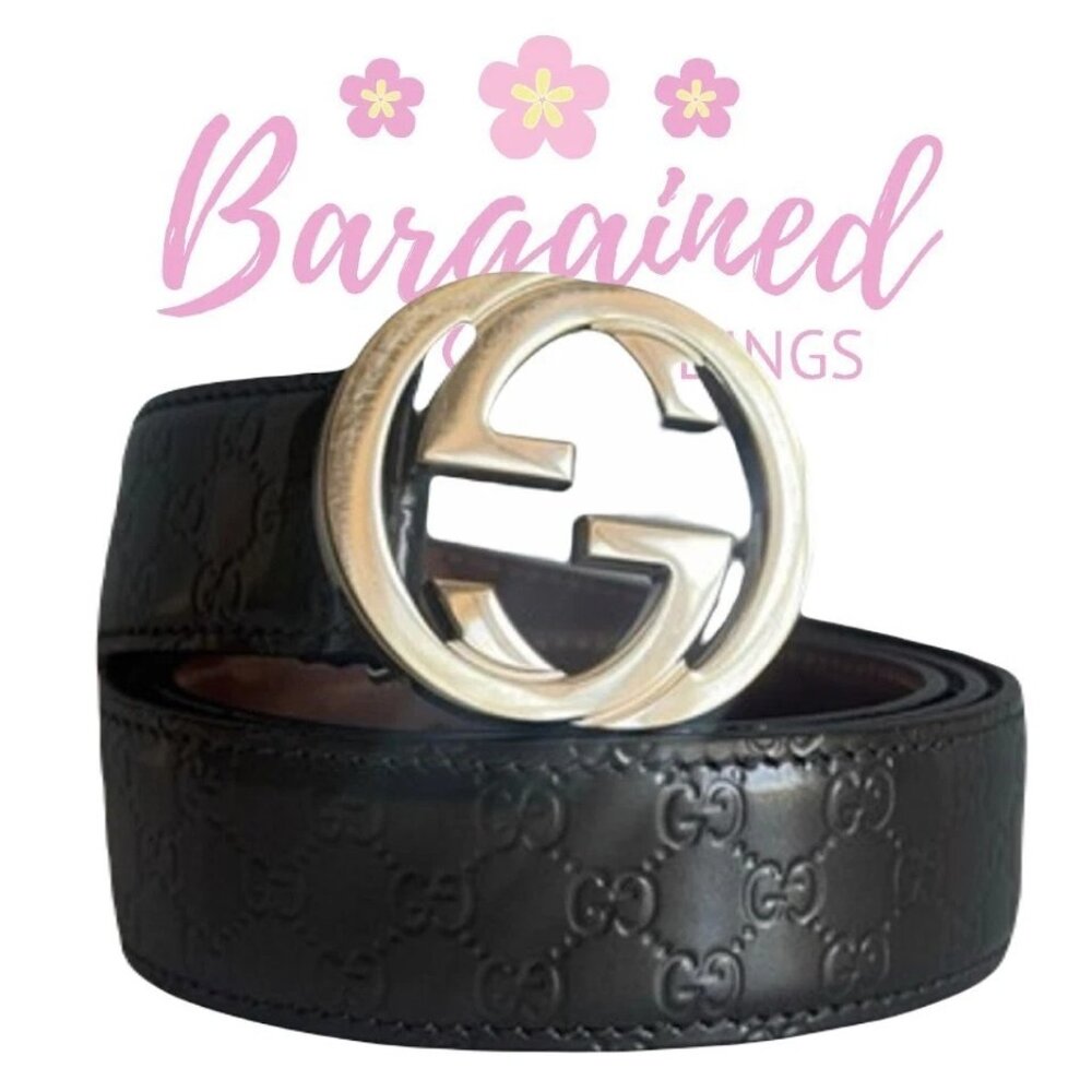 Authentic Gucci Gray Metallic Guccissima Leather Gold GG Buckle Belt 80/32